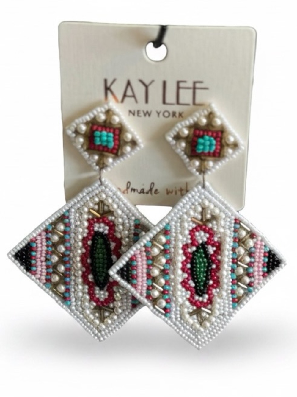 Kay Lee White Beaded Drop Earringsβ with Pink & Green Accents